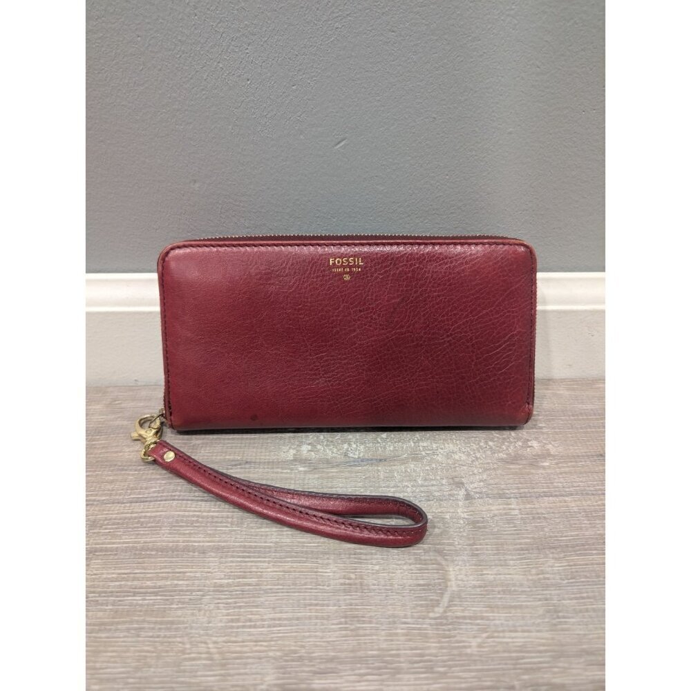 FOSSIL Genuine Red Leather Women’s Zip Around Wallet Clutch Wristlet Retro Y2K